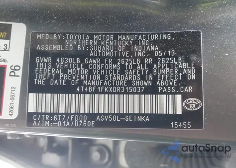 2013 Toyota Camry Le z USA, uszkodzony, nr VIN 4T4BF1FKXDR315037